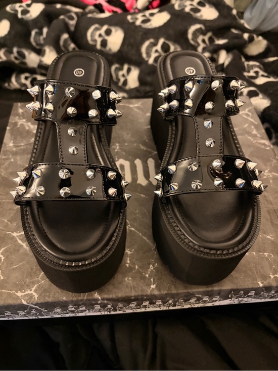 Dolls Kill Shoes - Dolls Kill Black Patent Studded Platform Slide Sandals